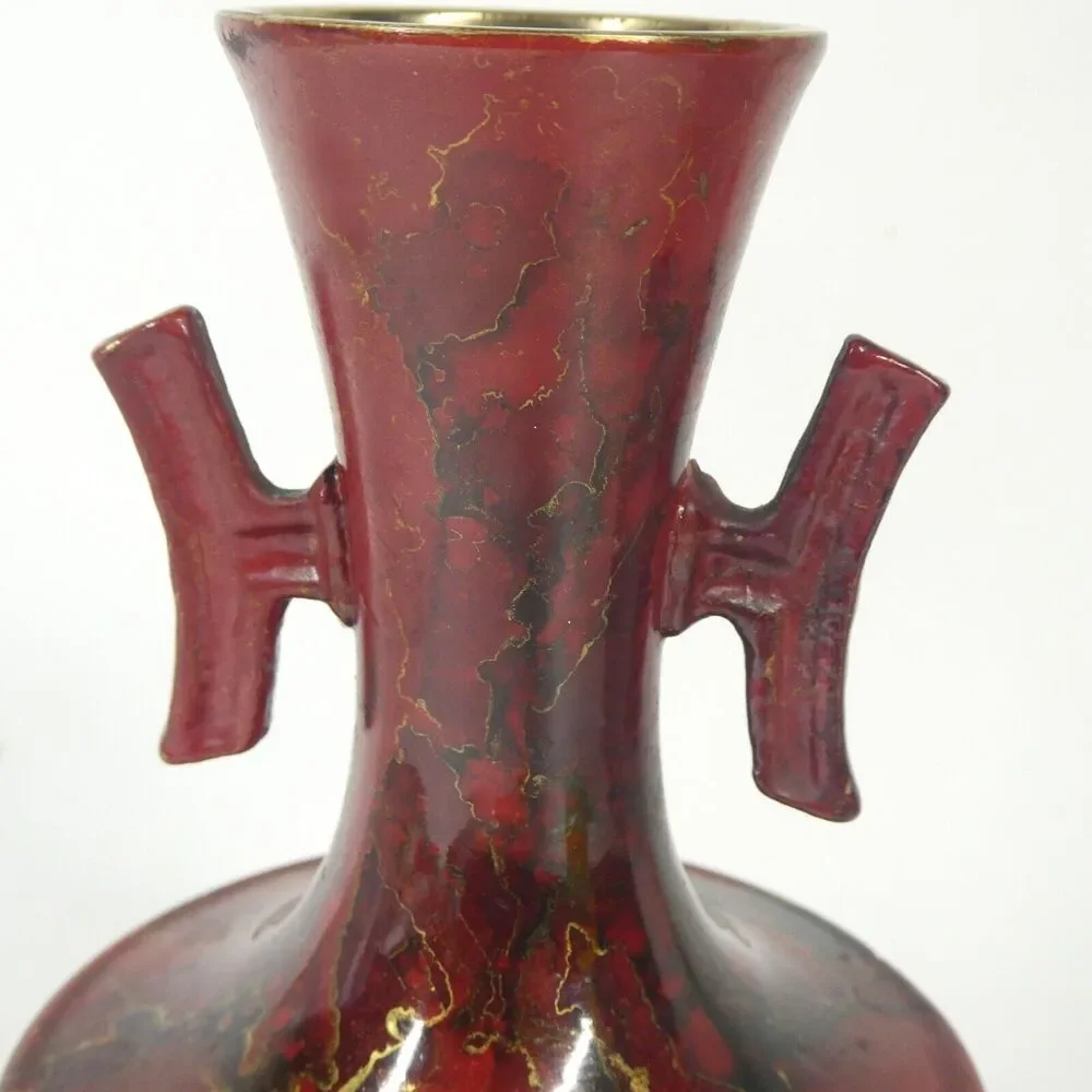 Brass Vase Red Marbled Enamel Vintage 6.5